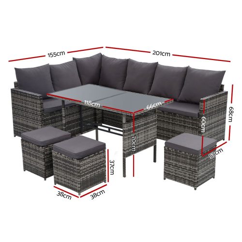 Outdoor Furniture Dining Setting Sofa Set Lounge Wicker 9 Seater – Dark Grey and Mixed Grey, With Storage Cover