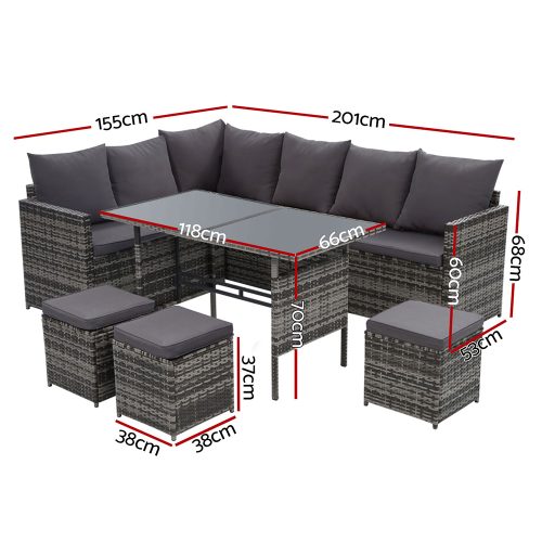 Outdoor Furniture Dining Setting Sofa Set Lounge Wicker 9 Seater – Dark Grey and Mixed Grey, With Storage Cover