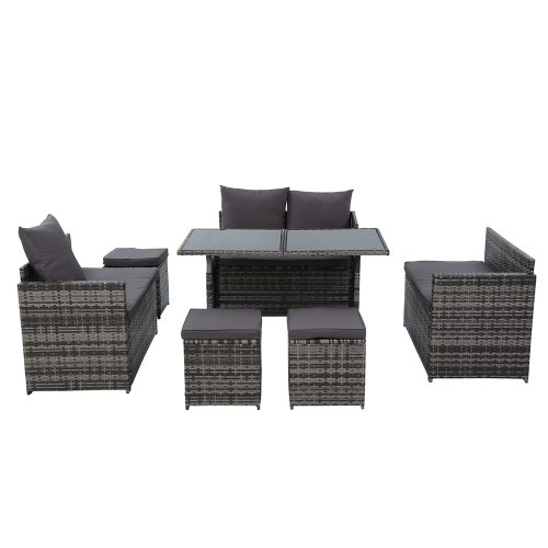 Outdoor Furniture Dining Setting Sofa Set Lounge Wicker 9 Seater – Dark Grey and Mixed Grey, With Storage Cover