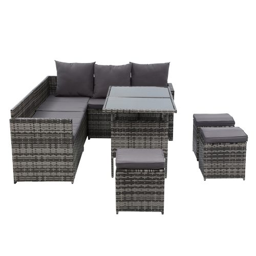 Outdoor Furniture Dining Setting Sofa Set Lounge Wicker 9 Seater – Dark Grey and Mixed Grey, With Storage Cover