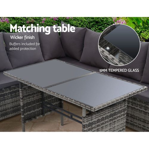Outdoor Furniture Dining Setting Sofa Set Lounge Wicker 9 Seater – Dark Grey and Mixed Grey, With Storage Cover