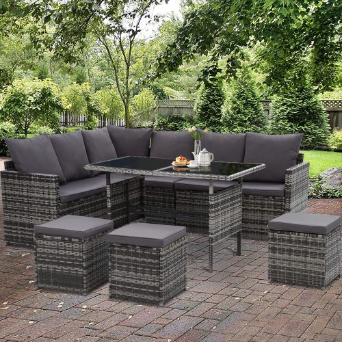 Outdoor Furniture Dining Setting Sofa Set Lounge Wicker 9 Seater – Dark Grey and Mixed Grey, With Storage Cover