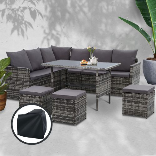 Outdoor Furniture Dining Setting Sofa Set Lounge Wicker 9 Seater – Dark Grey and Mixed Grey, With Storage Cover