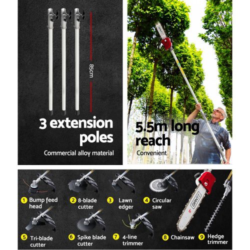 62CC Pole Chainsaw Petrol Brush Cutter Whipper Snipper Multi Tools – 9 in 1