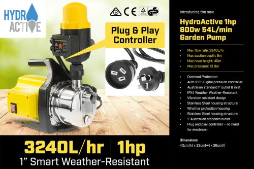 Hydro Active 800w Weatherised stainless auto water pump – Yellow