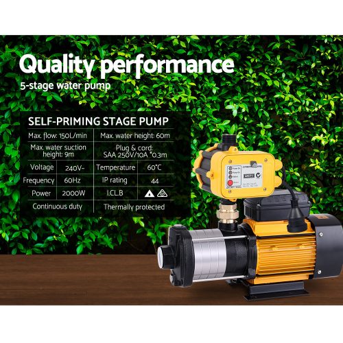 Multi Stage Water Pump Pressure Rain Tank Garden Farm House Irrigation 2000W Yellow Controller