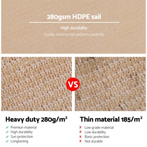 98% UV Sun Shade Sail Cloth Shadecloth Rectangle Canopy 280gsm – 5×7 m, Sand Beige