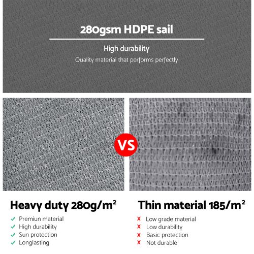 98% UV Sun Shade Sail Cloth Shadecloth Rectangle Canopy 280gsm – 6×8 m, Grey