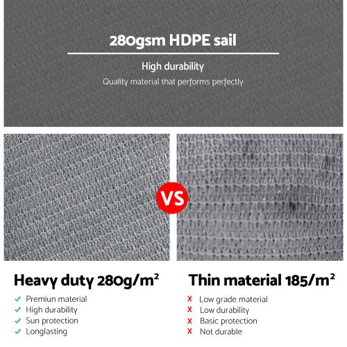98% UV Sun Shade Sail Cloth Shadecloth Rectangle Canopy 280gsm – 6×8 m, Grey
