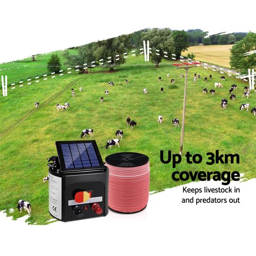 Electric Fence Energiser Solar Powered Energizer Charger + Tape – 1200M-3KM