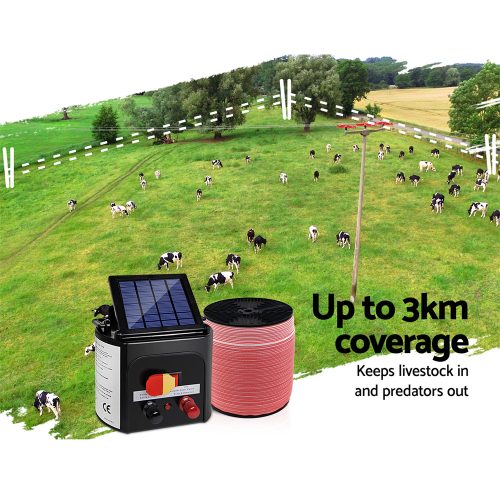 Electric Fence Energiser Solar Powered Energizer Charger + Tape – 2000M-3KM