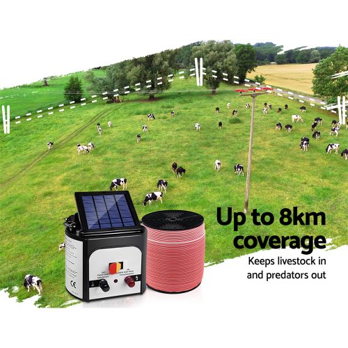 Electric Fence Energiser Solar Powered Energizer Charger + Tape – 2000M-8KM