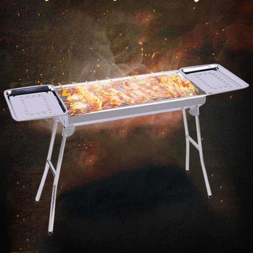 2X Skewers Grill with Side Tray Portable Stainless Steel Charcoal BBQ Outdoor 6-8 Persons