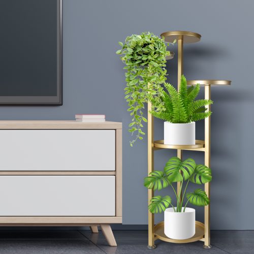 Plant Stand Outdoor Indoor Flower Pots Rack Garden Shelf – 28 x 28 x 100 cm, Gold