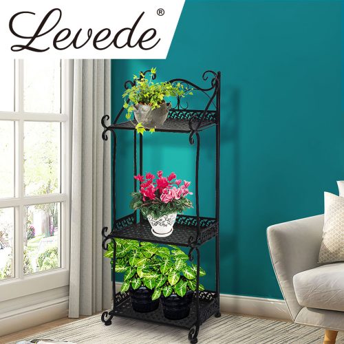 Plant Stand Outdoor Indoor Metal Flower Pots Rack Garden Shelf – 33 x 20 x 70 cm, Black