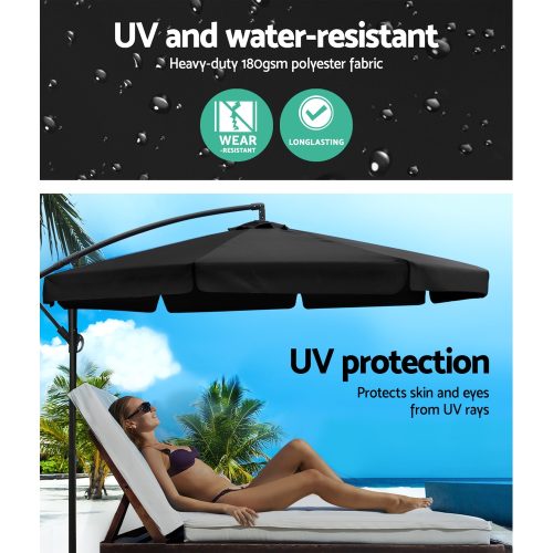 3M Umbrella with 48x48cm Base Outdoor Umbrellas Cantilever Sun Beach UV – Black