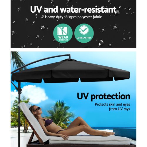 3M Umbrella with 48x48cm Base Outdoor Umbrellas Cantilever Sun Beach UV – Black