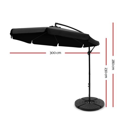 3M Umbrella with 48x48cm Base Outdoor Umbrellas Cantilever Sun Beach UV – Black