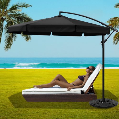3M Umbrella with 48x48cm Base Outdoor Umbrellas Cantilever Sun Beach UV – Black