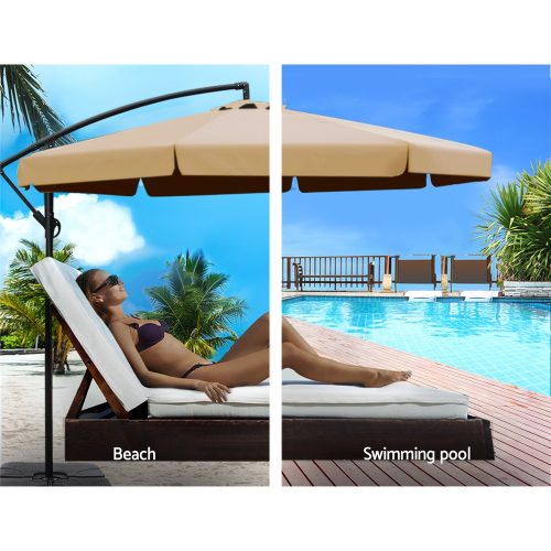 3M Umbrella with 50x50cm Base Outdoor Umbrellas Cantilever Patio Sun Beach UV – Beige