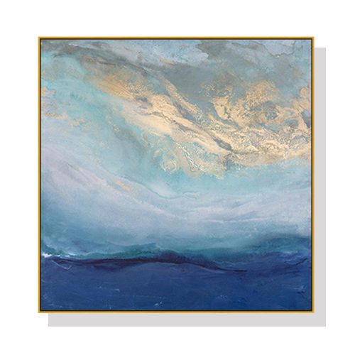 Abstract gold blue square size Gold Frame Canvas Wall Art – 70×70 cm