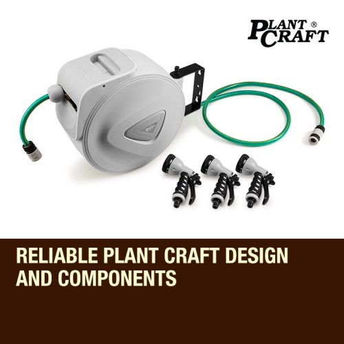 PLANTCRAFT Retractable Garden Water Hose Reel Storage Spray Gun Rewind – 20 M