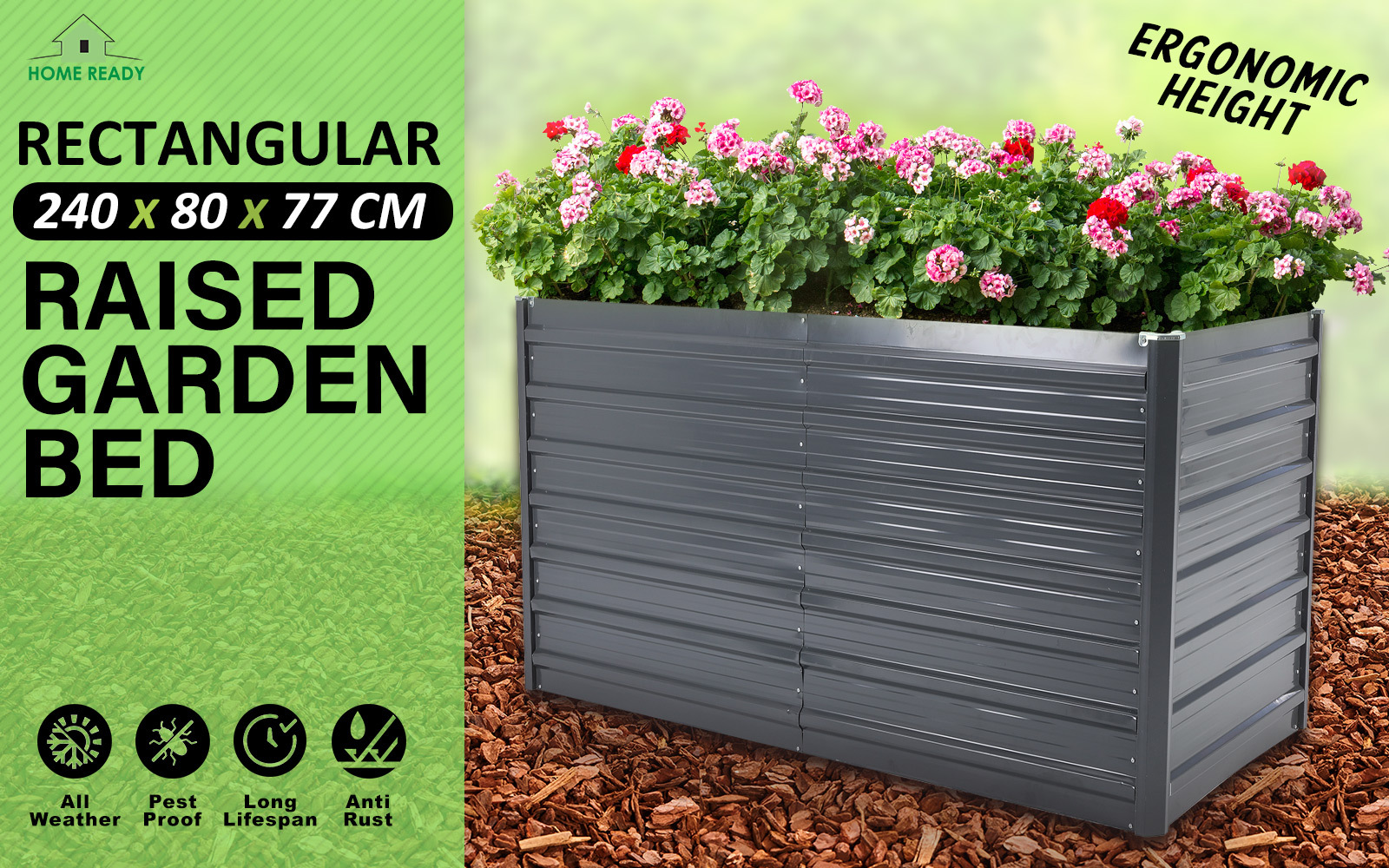 Home Ready Grey 2-in-1 Raised Garden Bed Galvanised Steel Planter