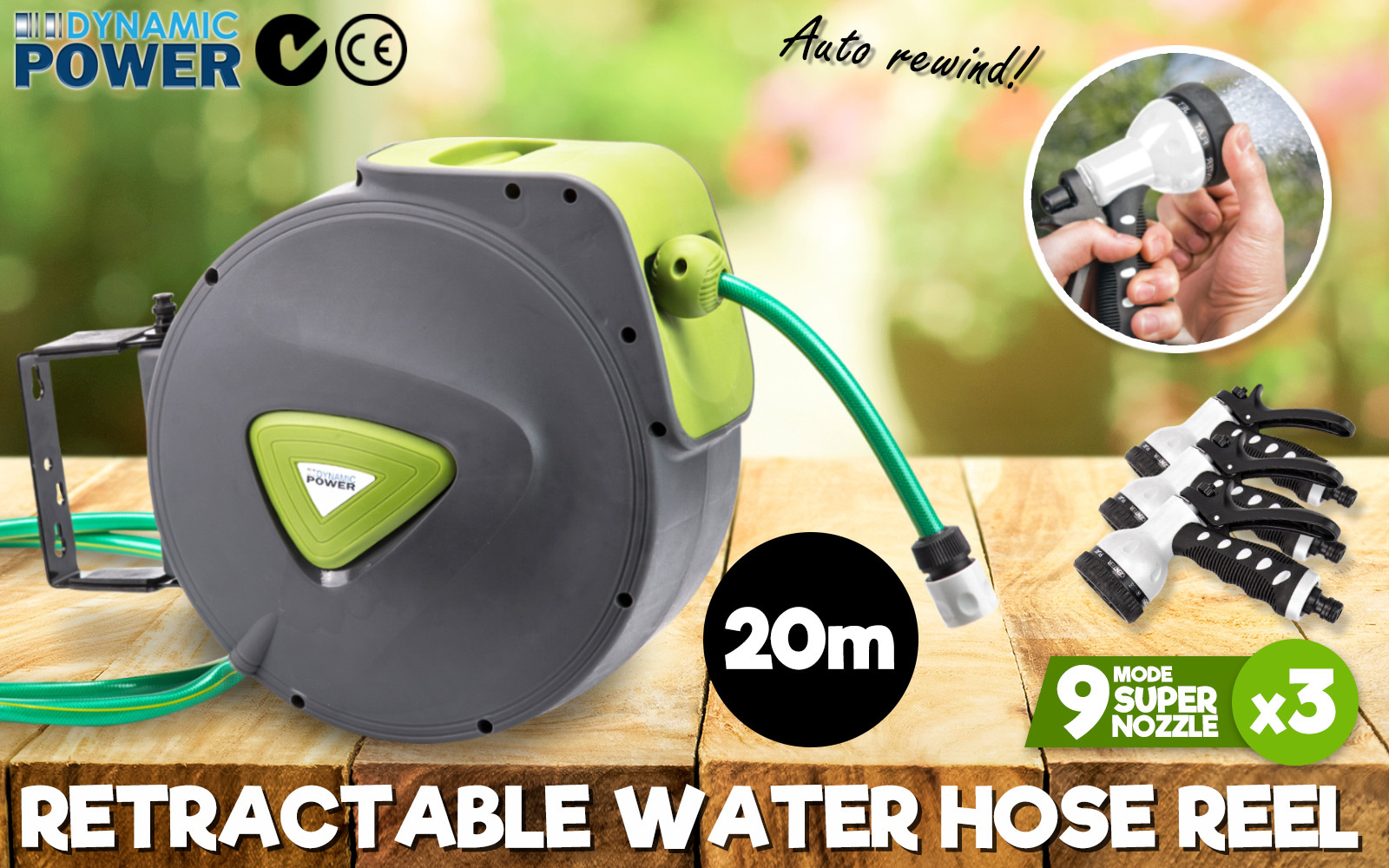 Dynamic Power Garden Water Hose Retractable Rewind Reel Wall Mounted