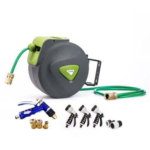 Dynamic Power Garden Water Hose Retractable Rewind Reel Wall Mounted – 20M + Brass Gun