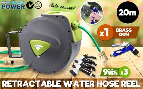 Dynamic Power Garden Water Hose Retractable Rewind Reel Wall Mounted – 20M + Brass Gun