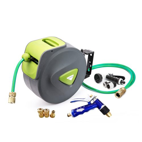 Dynamic Power Garden Water Hose Retractable Rewind Reel Wall Mounted – 30M + Brass Gun