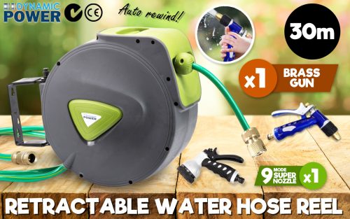 Dynamic Power Garden Water Hose Retractable Rewind Reel Wall Mounted – 30M + Brass Gun