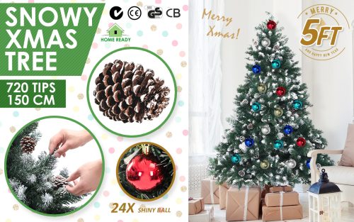 Home Ready 210cm 1290 tips Green Snowy Christmas Tree Xmas – 5ft, Pine Cones + Bauble Balls