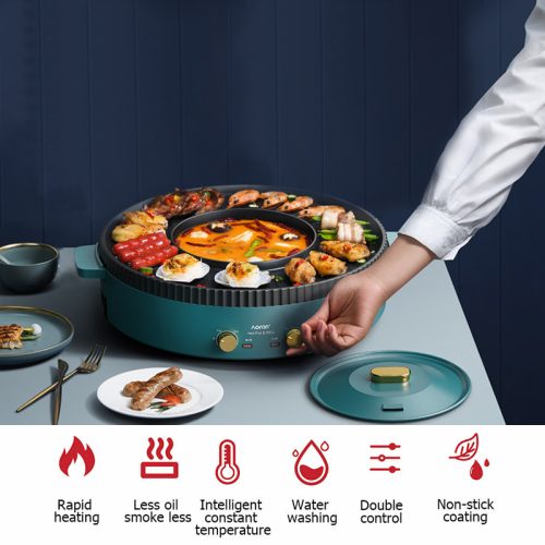 Nonstick Griddle,2in1 Grill Pan Hot Pot Hotpot bbq Electric Cooker Smokeless Grill Shabu Pot Cook