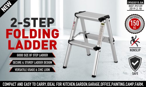 2-Step Portable Folding Ladder, Aluminum Frame Lightweight Home Ladder with Anti Slip Design, 150KG Capacity