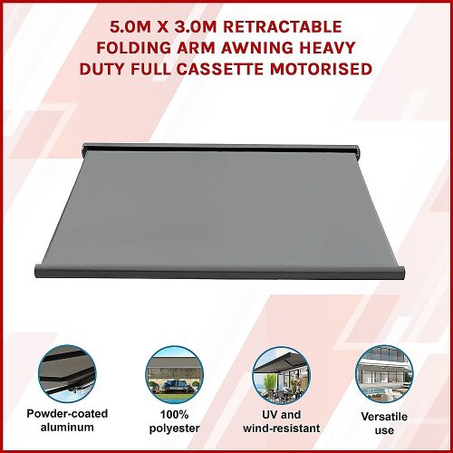 Retractable Folding Arm Awning Heavy Duty Full Cassette Motorised – 5 x 3 M, Grey