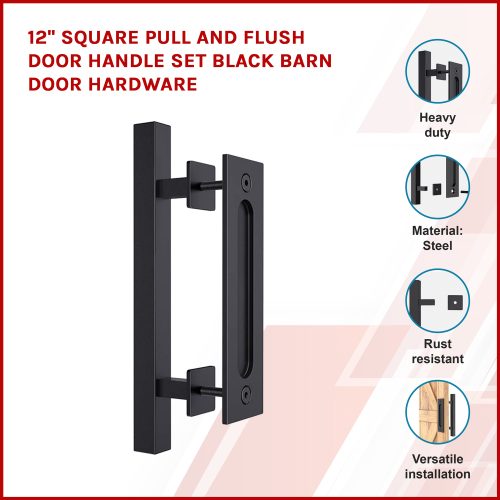 12″ Square Pull and Flush Door Handle Set Barn Door Hardware – Black