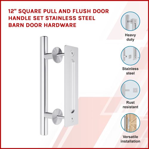 12″ Square Pull and Flush Door Handle Set Barn Door Hardware – Chrome