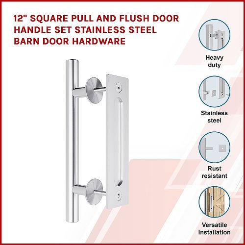 12″ Square Pull and Flush Door Handle Set Barn Door Hardware – Chrome
