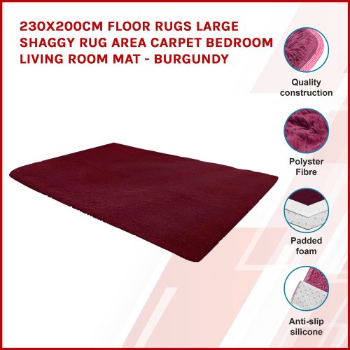 Floor Rugs Large Shaggy Rug Area Carpet Bedroom Living Room Mat – 230 x 200 cm, Burgundy