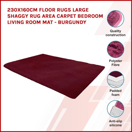 Floor Rugs Large Shaggy Rug Area Carpet Bedroom Living Room Mat – 230 x 160 cm, Burgundy