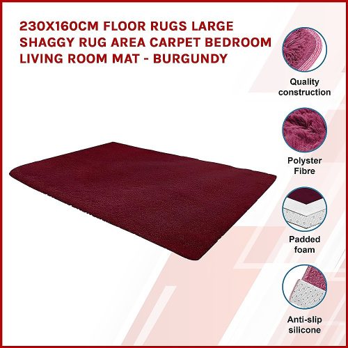 Floor Rugs Large Shaggy Rug Area Carpet Bedroom Living Room Mat – 230 x 160 cm, Burgundy