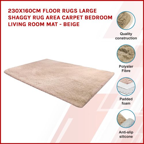 Floor Rugs Large Shaggy Rug Area Carpet Bedroom Living Room Mat – 230 x 160 cm, Beige