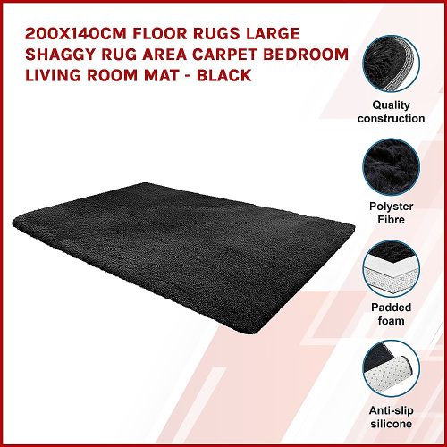 Floor Rugs Large Shaggy Rug Area Carpet Bedroom Living Room Mat – 200 x 140 cm, Black