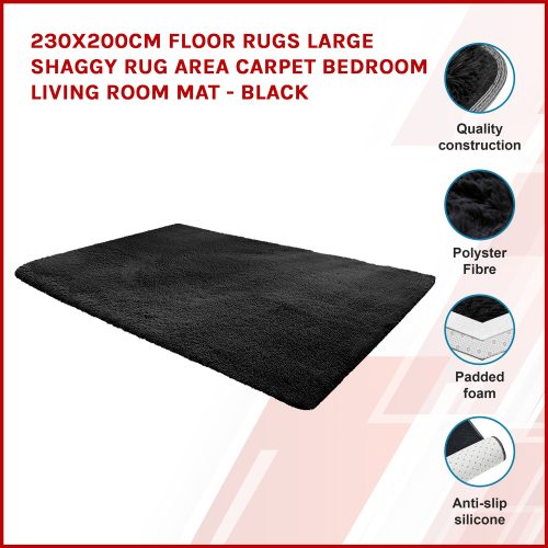 Floor Rugs Large Shaggy Rug Area Carpet Bedroom Living Room Mat – 230 x 200 cm, Black
