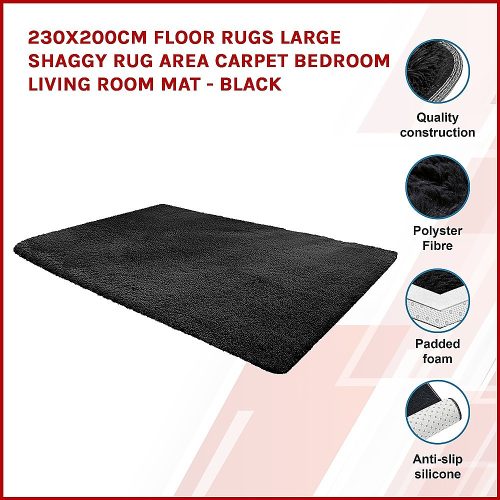 Floor Rugs Large Shaggy Rug Area Carpet Bedroom Living Room Mat – 230 x 200 cm, Black