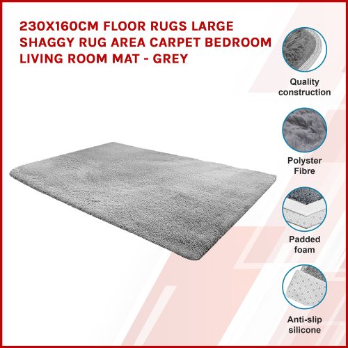 Floor Rugs Large Shaggy Rug Area Carpet Bedroom Living Room Mat – 230 x 160 cm, Grey
