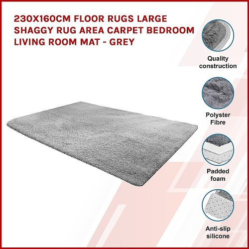 Floor Rugs Large Shaggy Rug Area Carpet Bedroom Living Room Mat – 230 x 160 cm, Grey