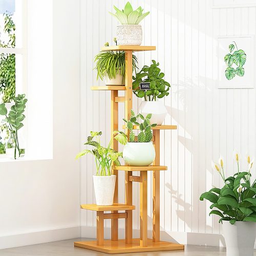 5 Tiers Vertical Bamboo Plant Stand Staged Flower Shelf Rack Outdoor Garden, – Wooden