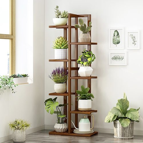 6 Tiers Vertical Bamboo Plant Stand Staged Flower Shelf Rack Outdoor Garden, – Dark Wood